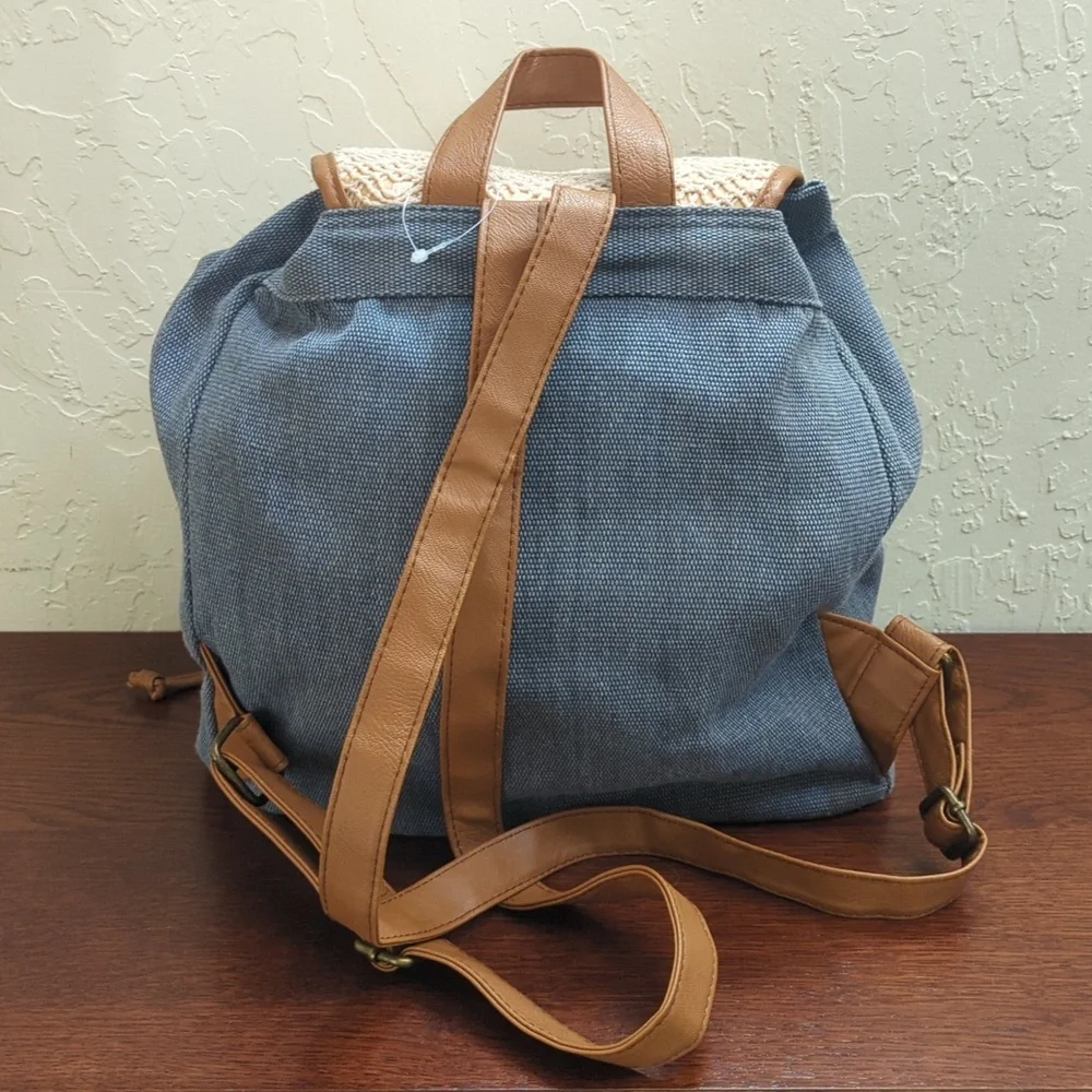 LIKE NEW Rue21 Retro Canvas Crochet and Faux Leather Drawstring Backpack